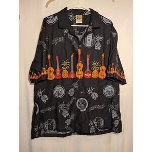 Vintage Winnie Fashion Hawaiian Shirt Men's XXL Black Ukulele Guitar Pineapple